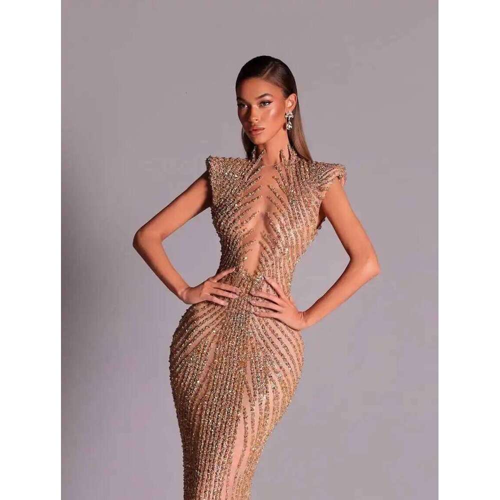 Vintage High Neck Sleeveless Evening Dresses Shiny Sequined Lace Mermaid Prom Dress Customized Floor Length Party Gown