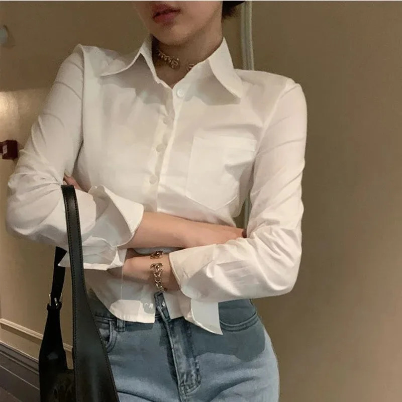 Korean White Office Women Chiffon Shirt Pocket Button Lapel Ladies Blouse Spring Commuter Long Sleeve Female Crop Tops 260306
