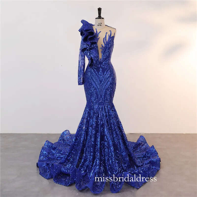 New Royal Blue Dark Green Mermaid Prom Dresses Sparkle Sheer Neck Sleeve Sequins Lace Appliques Ruffles Long Evening Gowns Bm3500 D0306