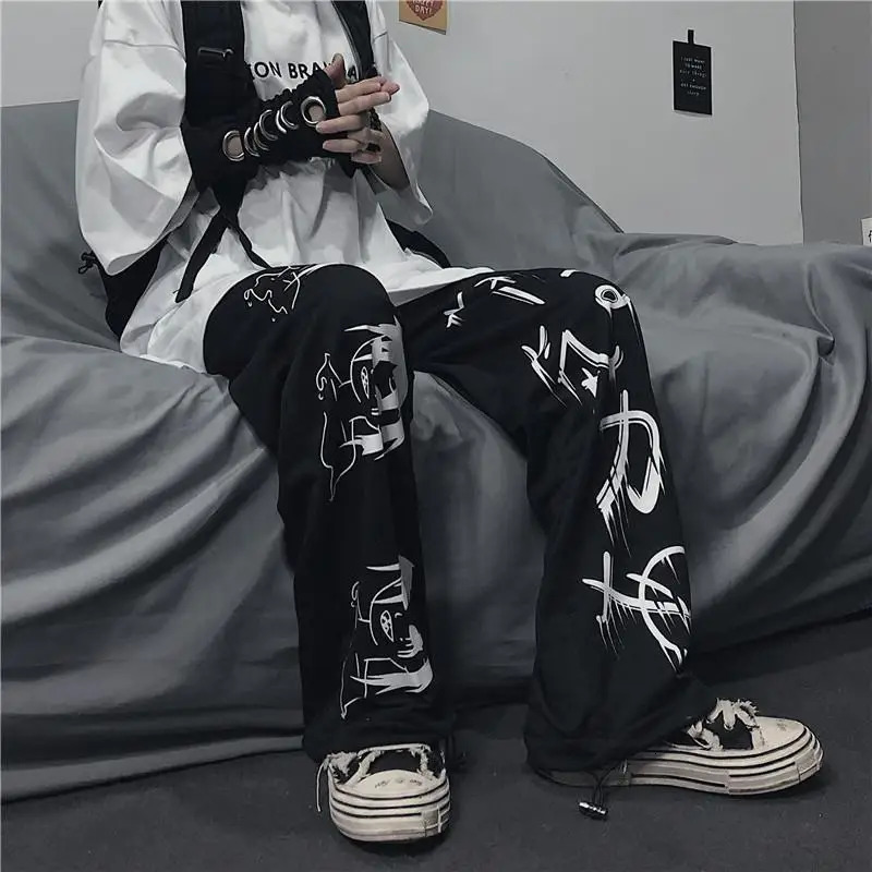Black Japenese Printed Anime Y2k Sweatpants Male Streetwear Wide Leg Oversize Baggy Pants Casual Sport Causl Trousers Men 260303