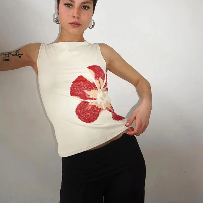 Fashion Womens Crop Tank Tops Fitted Flower Print Boat Neck Sleeveless Summer Tops for Party Club 260306