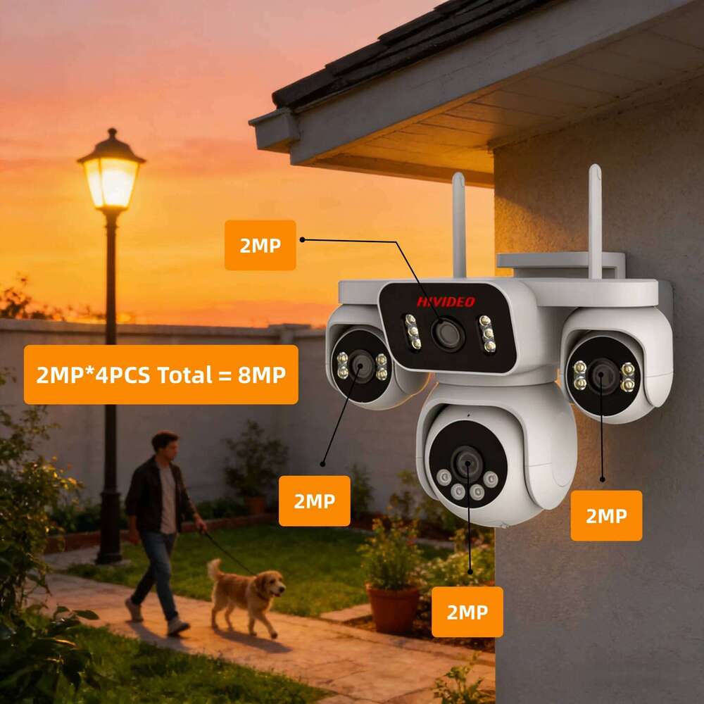 HIVIDEO 8MP Quad-lens Outdoor and Indoor Wifi Full Color Weatherproof Surveillance IP Security Cctv Camera 26W0306