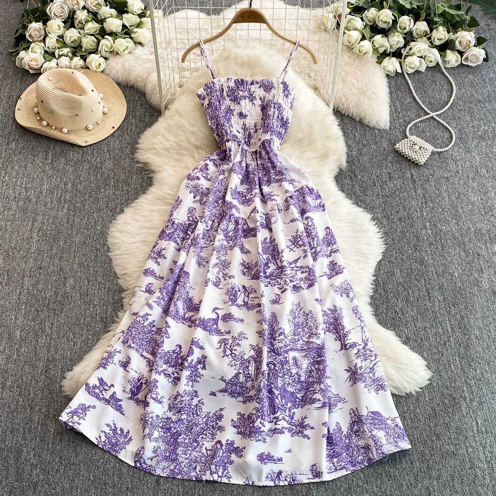 2025 New Summer Pink/Purple Flower Print Romantic Retro Party Dress Elastic High Waist Vacation Long Dress Beach Vestido X260306