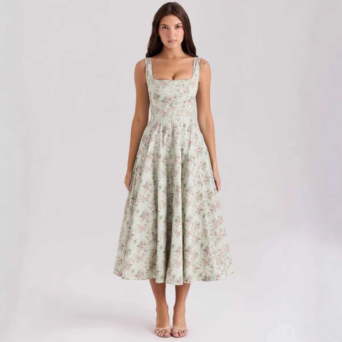 Suninheart Summer Elegant Lace Up Dress 2025 New Arrivals Floral Print Midi Dress Women Sexy Dress for Holiday Birthday X260306