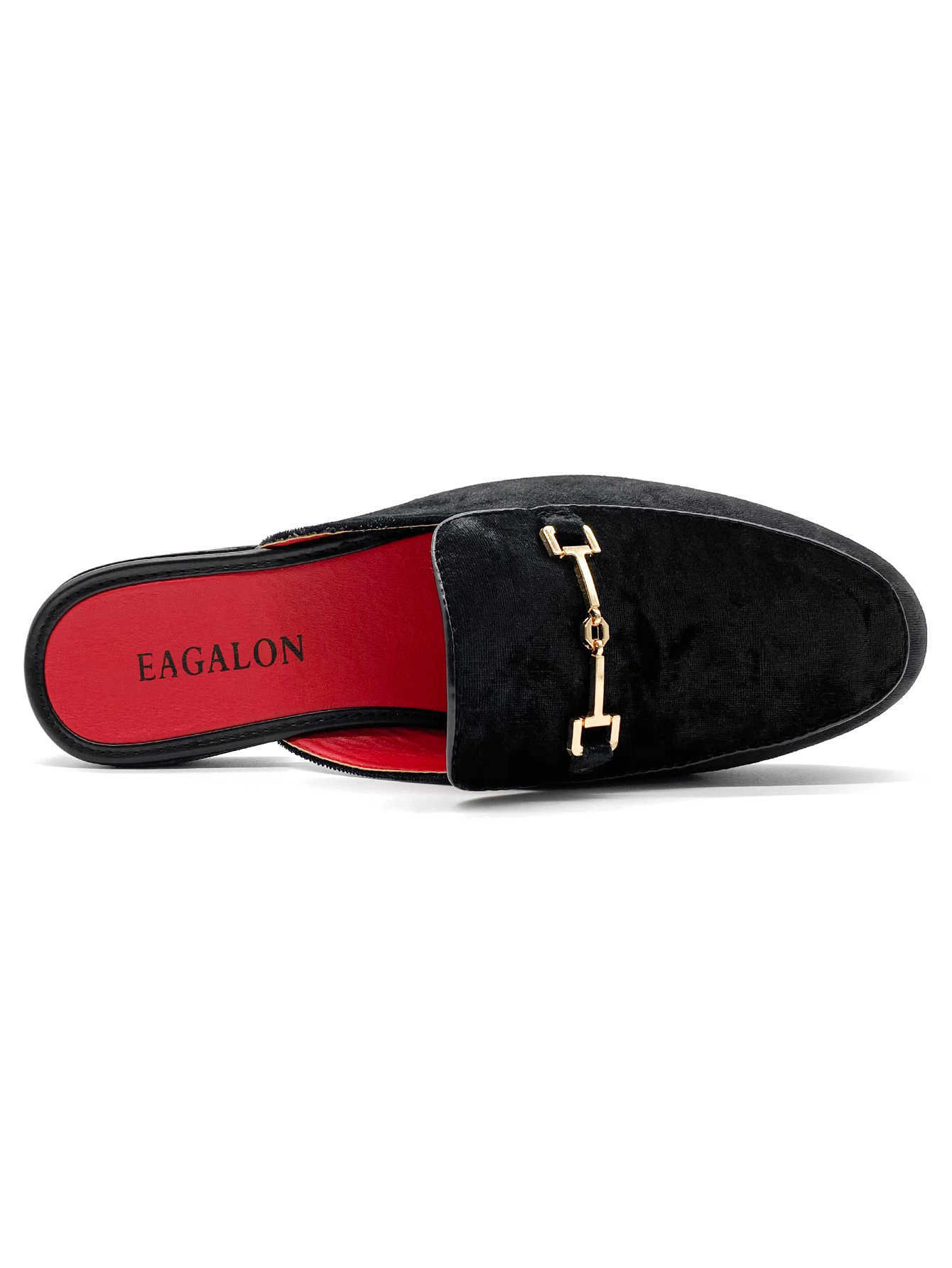 Men's Black Velvet Mules Loafers Backless Slippers with Gold Buckle Luxury Casual Slip-On Shoes