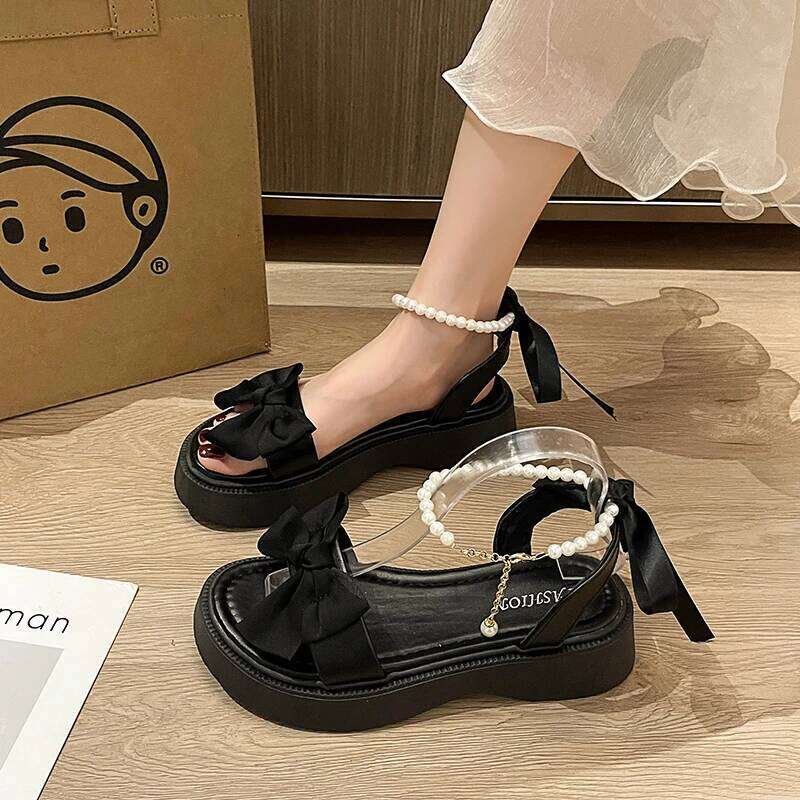 2026 Summer New Bow Design Women's Fashion Thick Bottom Pearl Button Open Toe Sandals