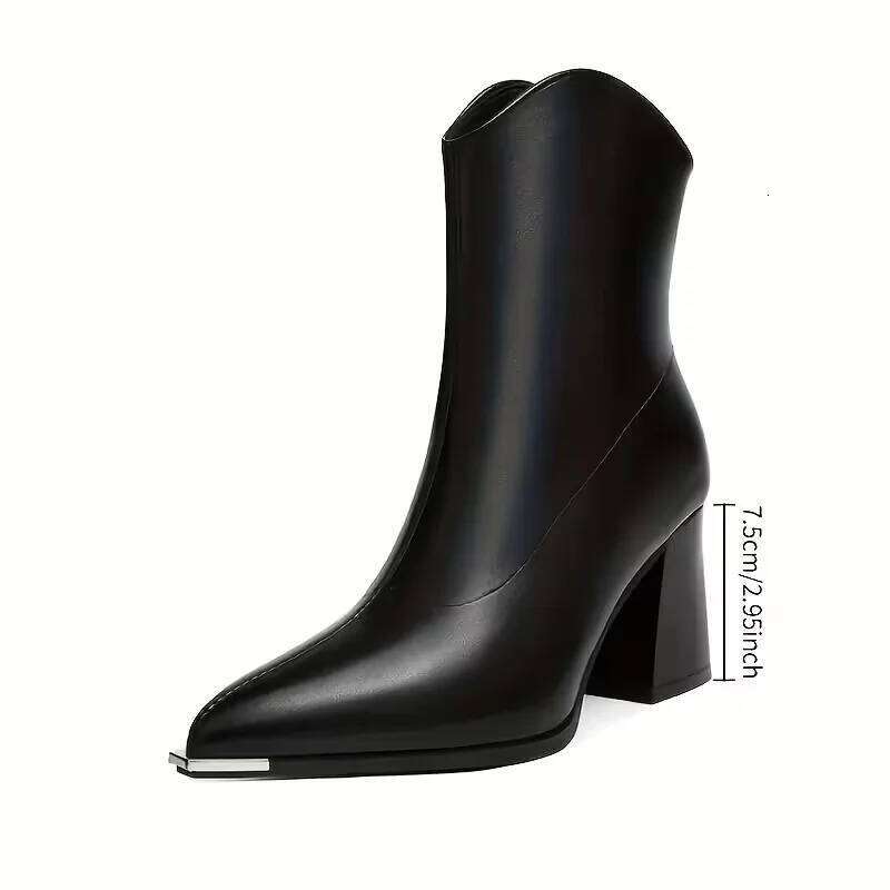 2025 Winter Women's Black Pointed Toe Cowboy - Chunky Heel Zip Ankle Patent Leather Fashion Party Boots