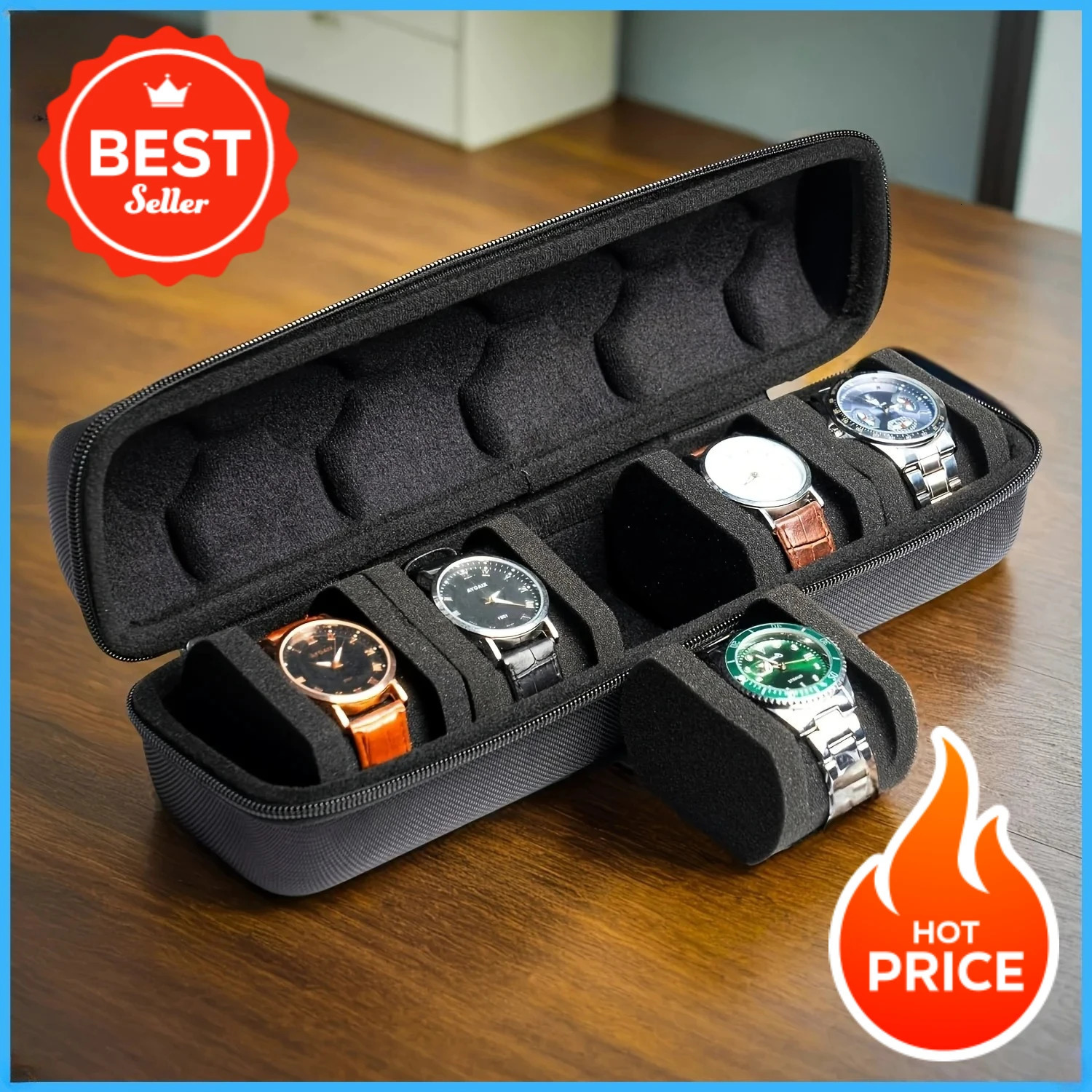 1pc 5-Slot Watch Case Hard Shell Travel Organizer with Pillow Insert - Gift Ready Blacksuitable for smart watch storage 260304