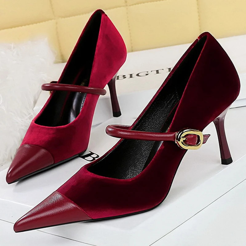 BIGTREE Shoes Buckle Women Pumps Pointed Shoes High Heels Suede Stilettos Heels 7cm 10cm Ladies Shoes Large Size 43 260306