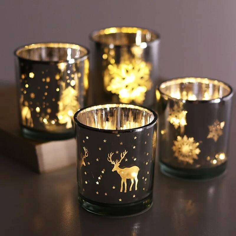 1pc Mini Tree Elk Cup Snowflake Glass Candle Holder Christmas Gift Store Home Dining Table Decoration Ornament XJ260305