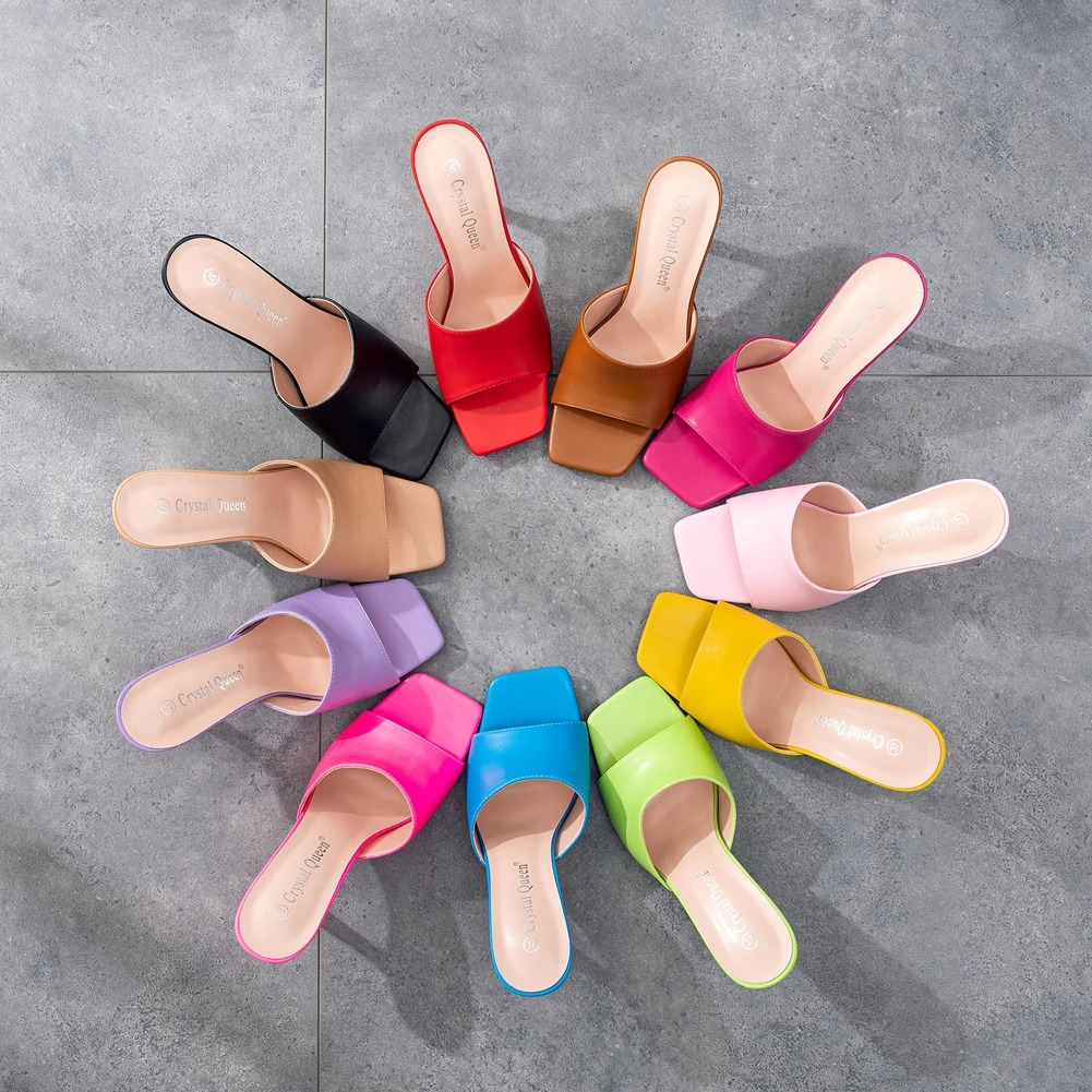 Crystal Queen Summer Women Sandals Square Toe Ladies Mules Sexy Thin High Heels Slippers Female Fashion Shoes 260306