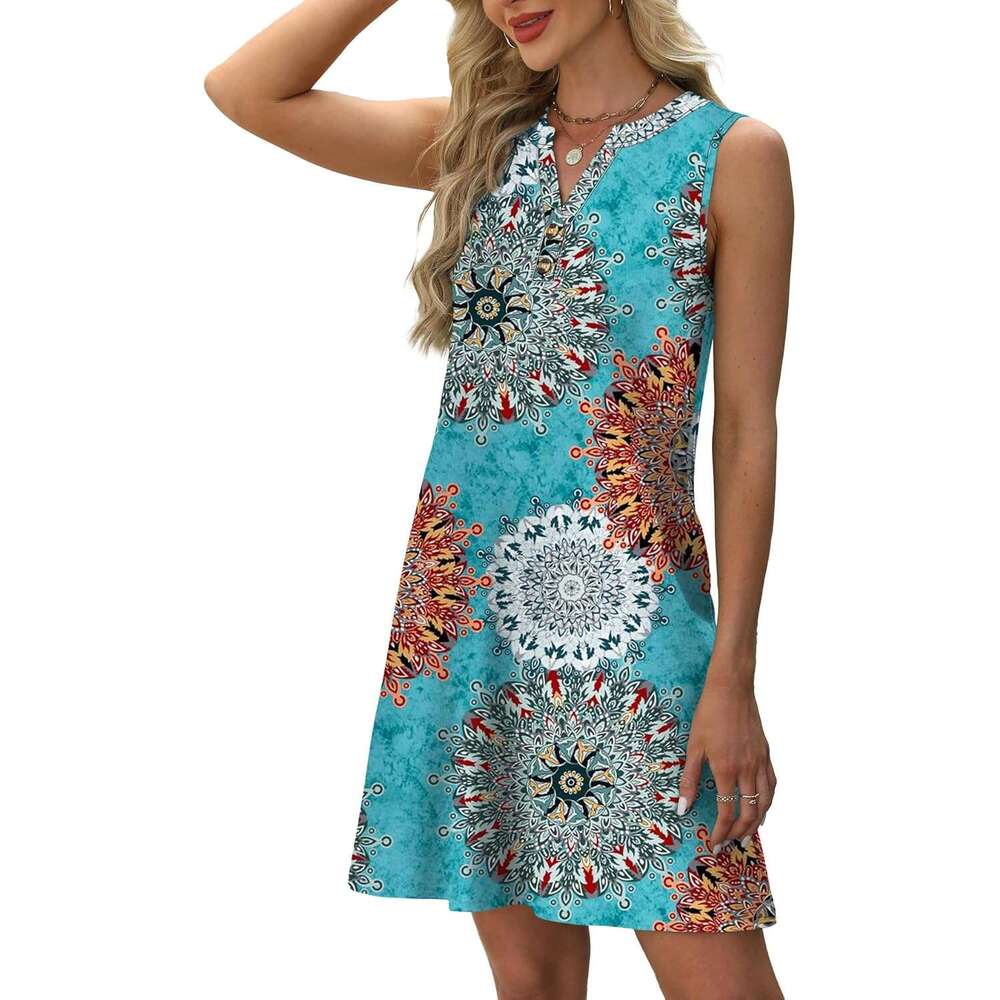Designer Summer Dresses for Women 2026 Beach Vacation Clothes V Neck Button Sundresses with Pockets