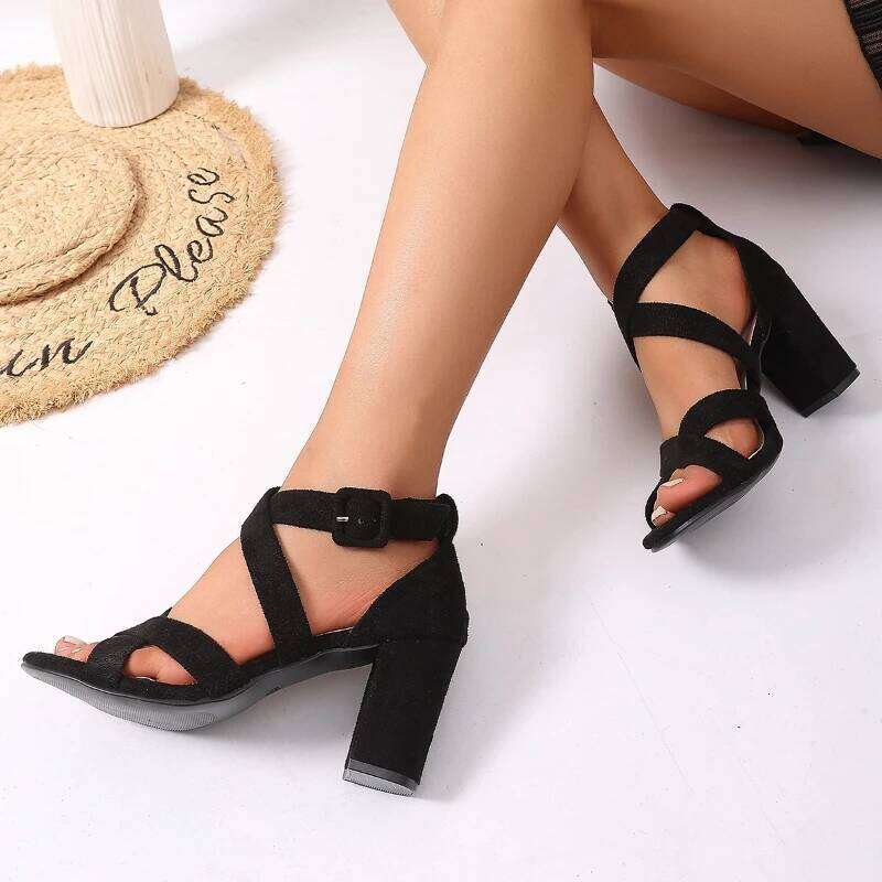 2025 Summer Women's New One Word Buckle Casual Black Simple Style High Heel Sandals