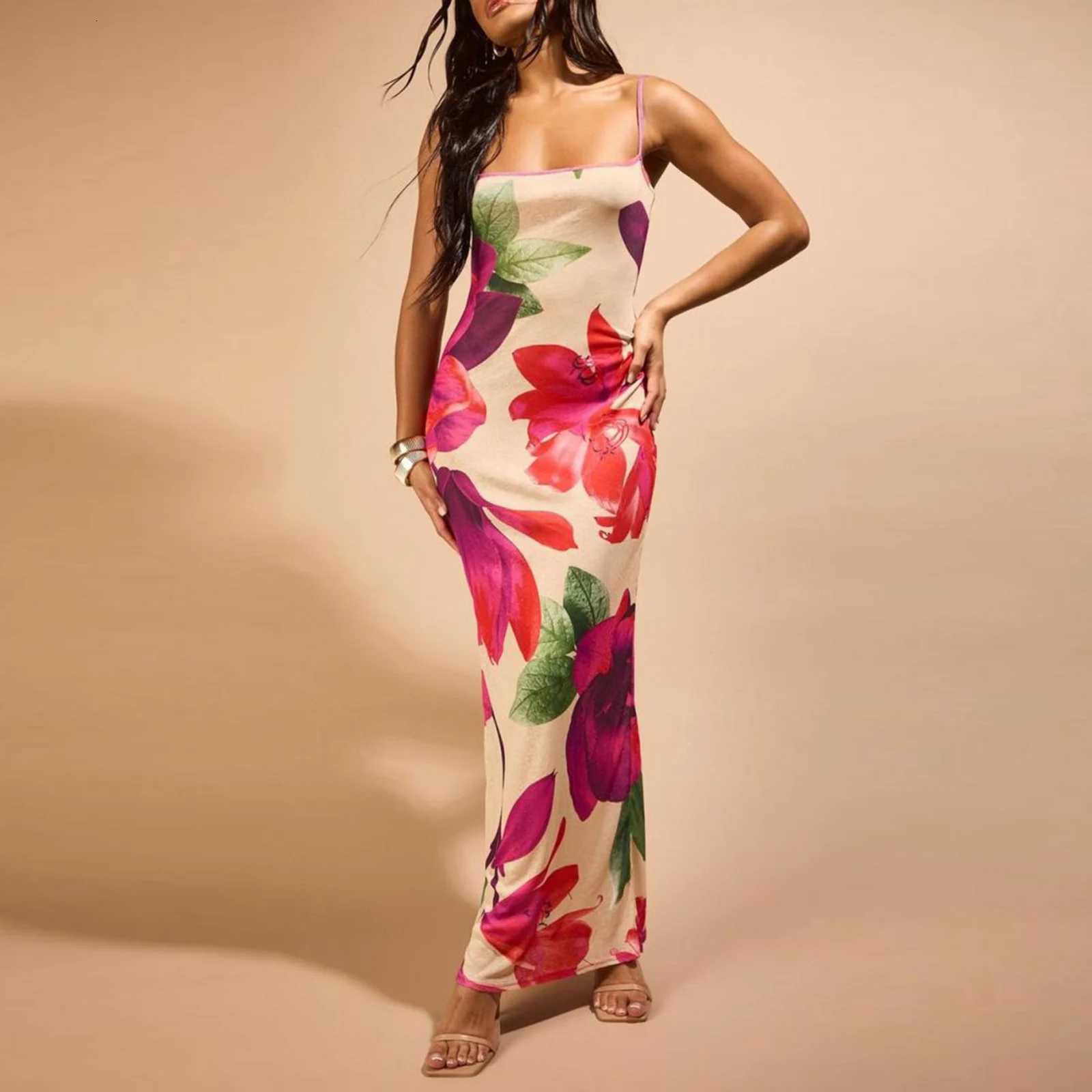 hirigin Women Floral Print Maxi Cami Dress Spaghetti Strap Flower Boho Long Dress Bodycon Sleeveless Colorful Summer Sundress X260306