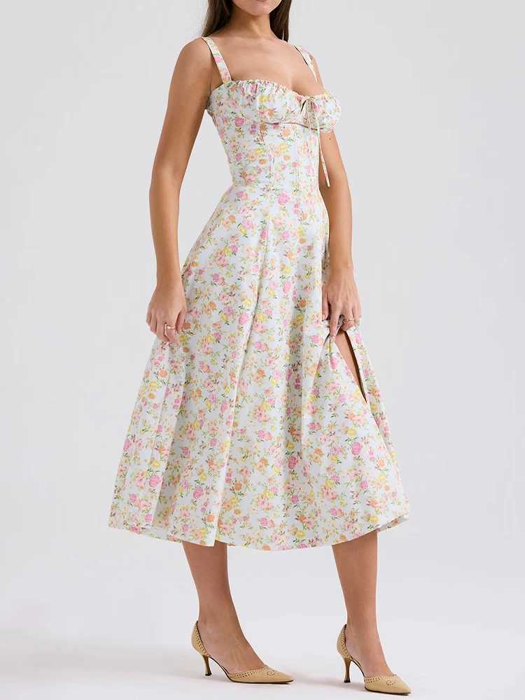 New Floral Midi Dress Bohemian Flowy Slit Dress Elegant Fashion Women Going Out A-line Casual Summer Sundress Print Halter Dress X260306