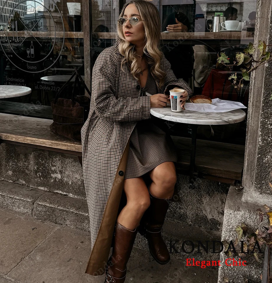 KONDALA Urban Vintage Trench Coat Womens Fall Winter Brown Reversible Wear Long 2025 Fashion Elegant Commute Ladies 260228