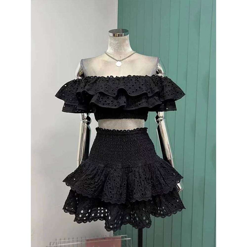 JAMERARY Summer Embroidery 2 Pieces Women Sets Slash Neck Elastic Ruffles Cropped Top + Mini Skirt Suits Hollow Out Outfits Mdng260306