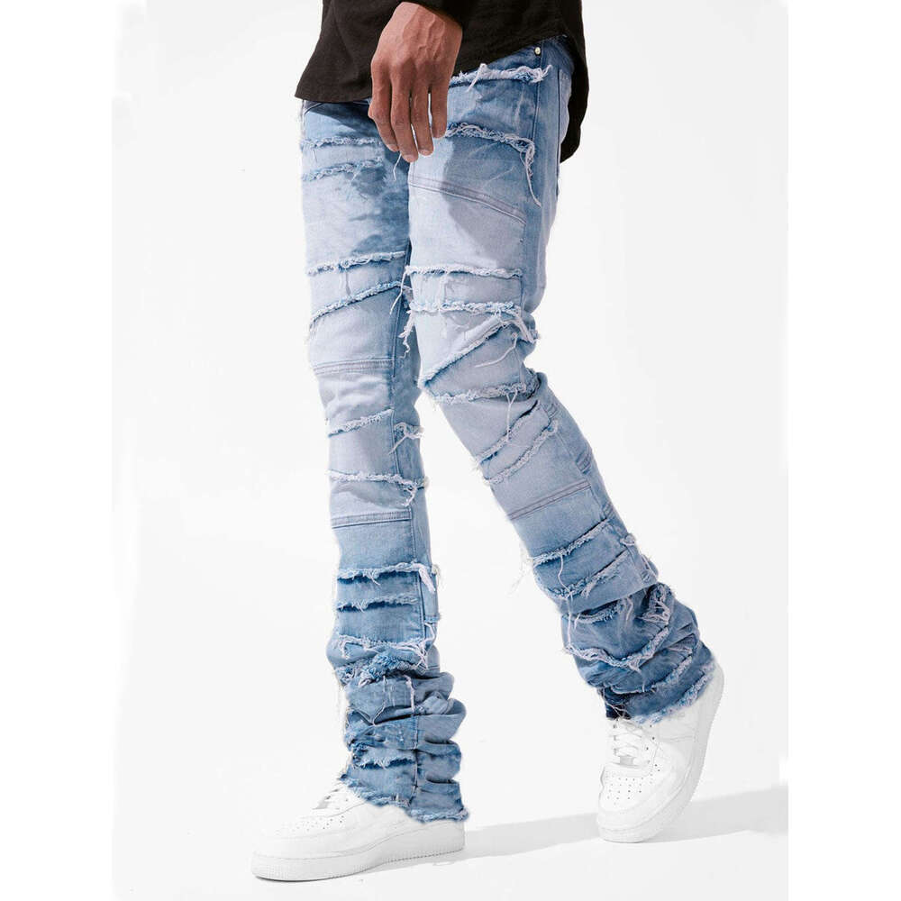 Cross-Border New Men's European and American Street Fashion Ins Hot Elastic Patch Denim Straight Pants