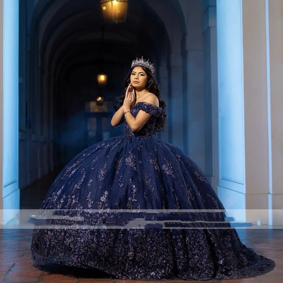 Navy Blue Ball Gown Quinceanera Dresses Lace Floral Appliques Beaded Off Shoulder Princess Prom Dress For 15 Girls Celebrity Party Boutique