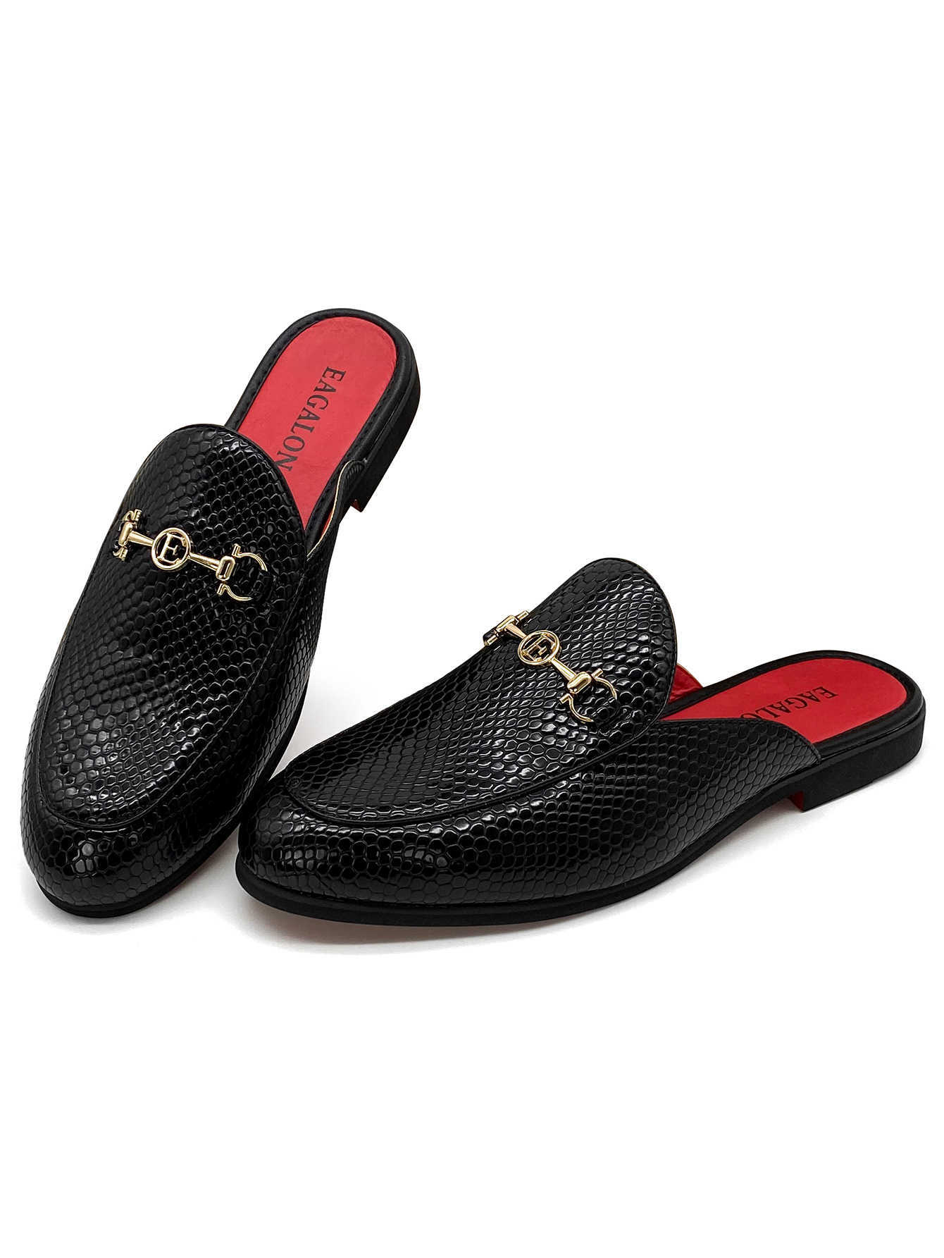 Men's Luxury Snake Print Leather Mules Backless Loafers Gold Buckle Red Insole Fashion Casual Dress Slides