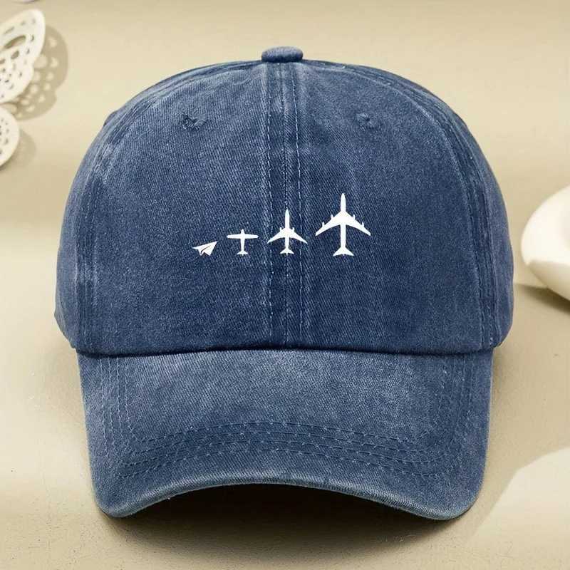 Retro airplane print washed baseball cap adjustable for both men and women breathable black casual outdoor activity sun hat S260306
