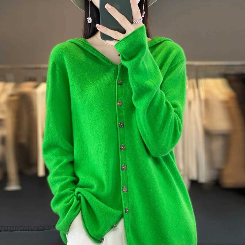 Hooded Cashmere Cardigan 100 Merino Wool Womens Hooded Sweater Cardigan Solid Color Warm Loose Knit Top M260306