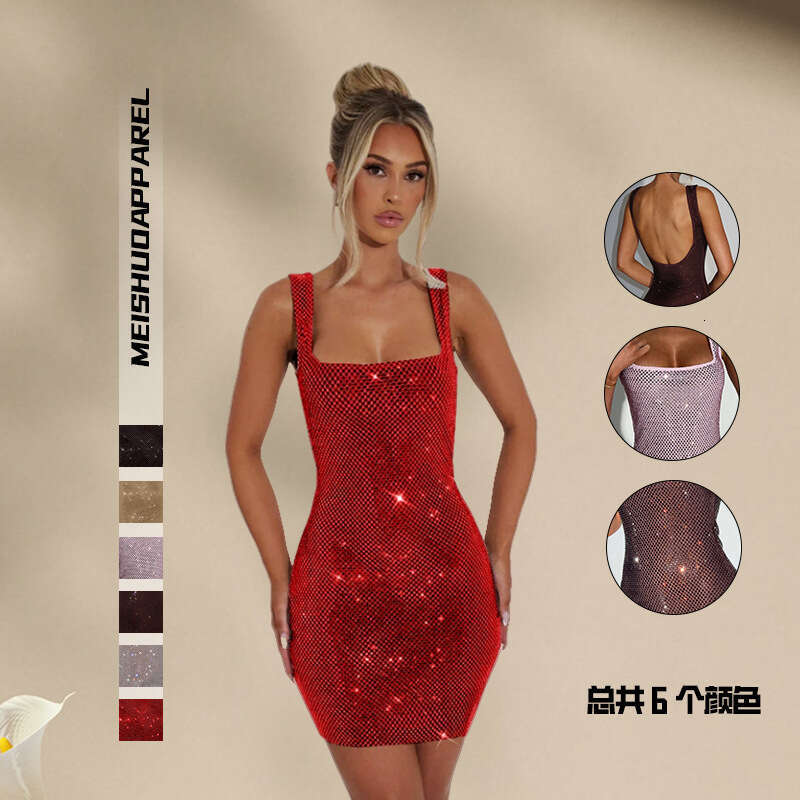 Fashionable trendy rhinestone solid color camisole for women, 2026 winter new style, sexy backless sleeveless elegant waist-cinching dress