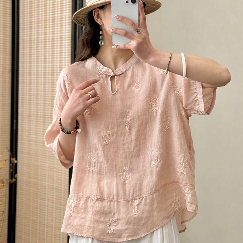 Summer women's casual loose jacquard linen shirt women's new Chinese short sleeved summer women's versatile top