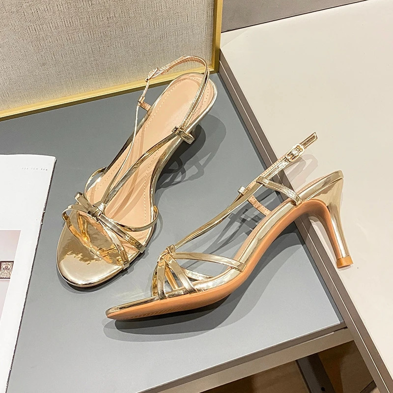 Summer Gold Strappy High Heels Womens One-Strap Thin Heel Temperament Socialite Ladies Open-Toe Sandals 260306