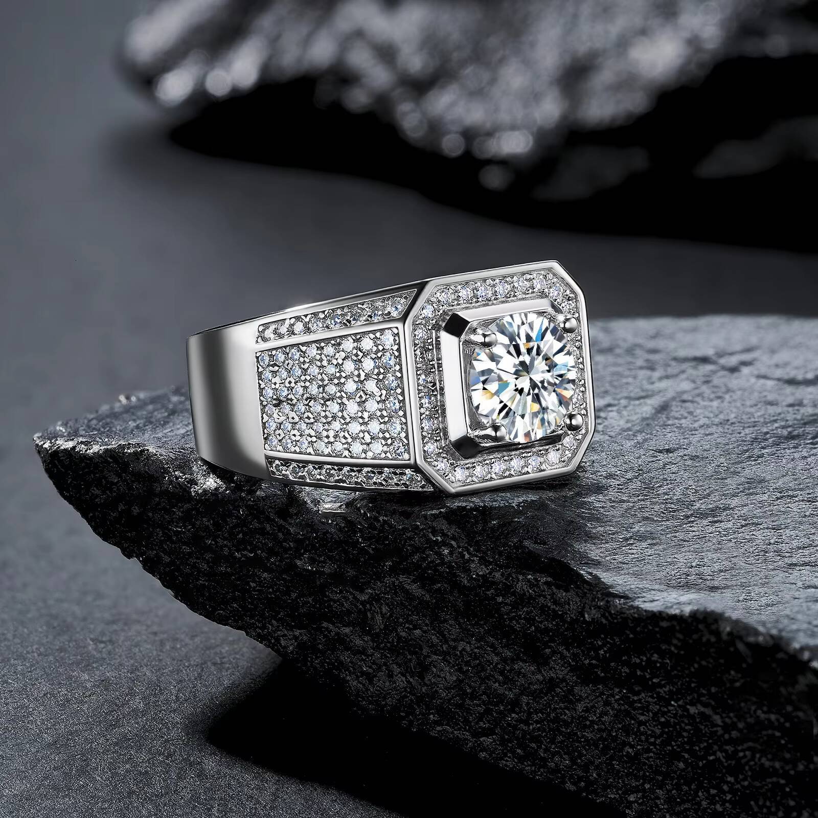 Luxe for Less Diamond-Like 1/2/3CT Round Brilliant Cut Moissanite Mens Anniversary Wedding Ring in Platinum Plated 925 Silver