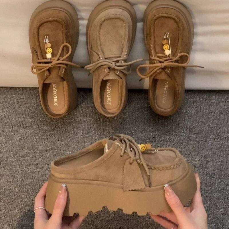 2025 Women's Suede Platform Mules - Cute Smiley Pin Decor Lace-up Loafers Thick Sole Fashion Casual Slip-on Shoes