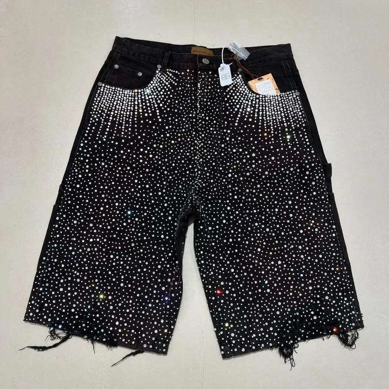 2026 men's loose denim shorts with retro rhinestone and sequin denim style casual streetwear