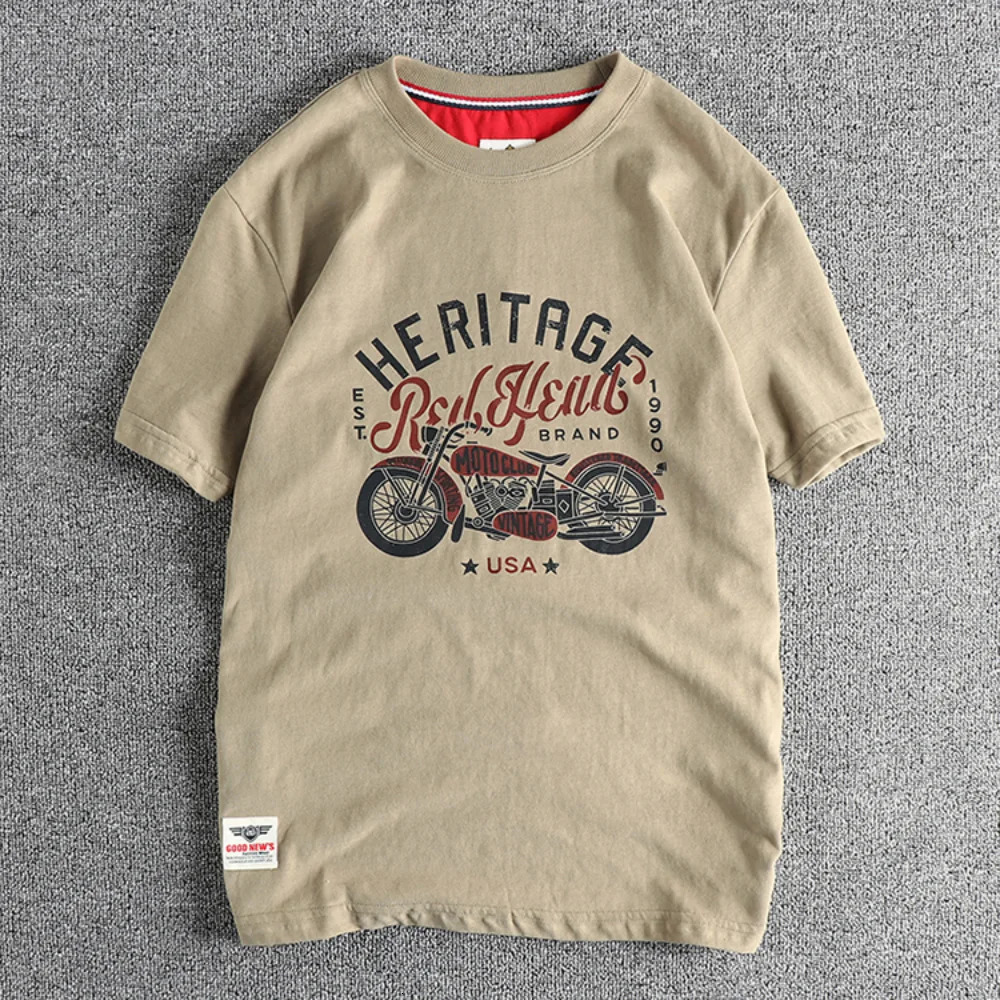 Vintage cotton short sleeve Tshirt Mens Motorcycle Print Summer May Khaki Youth half tee 260302
