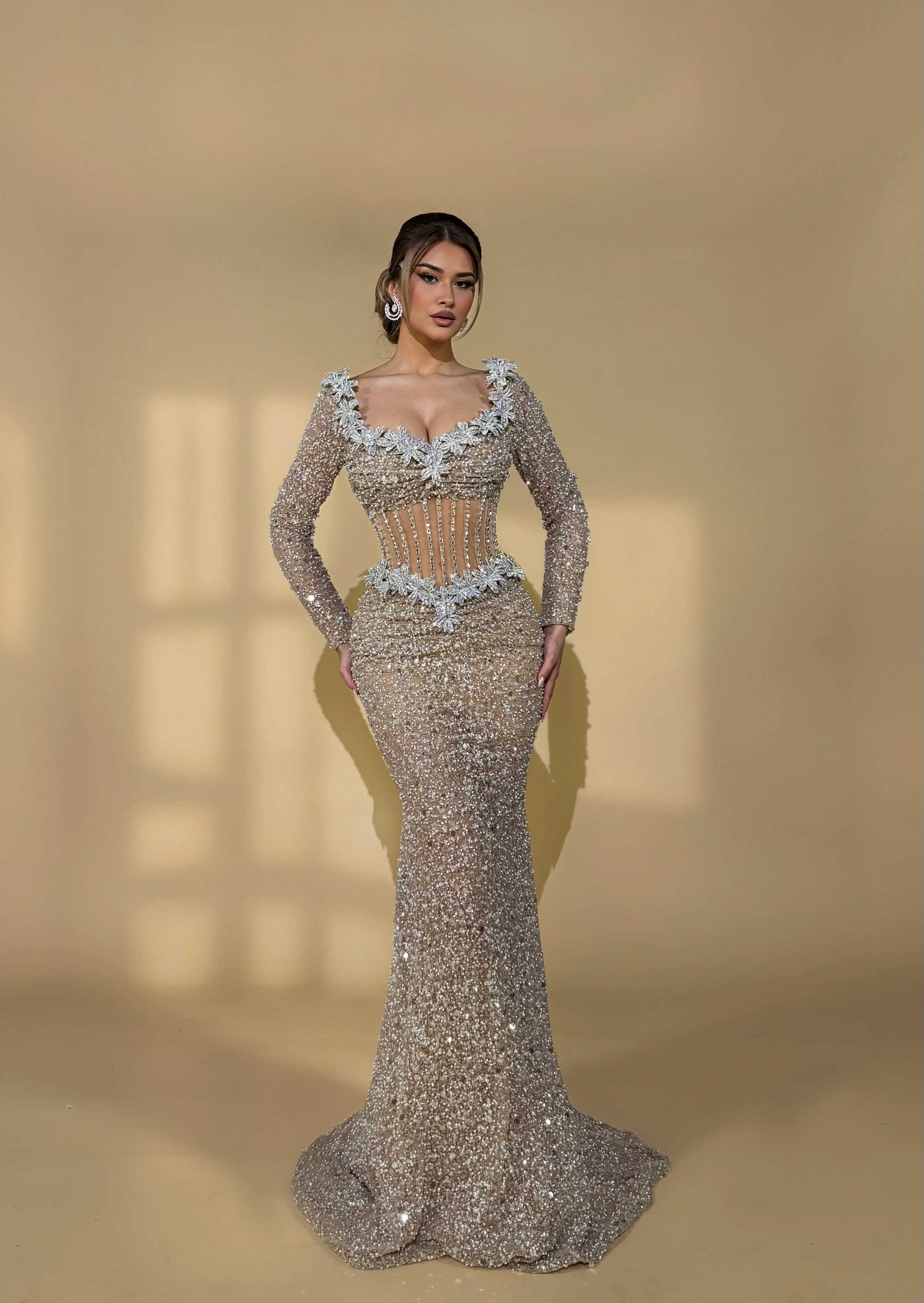 Graceful Evening Dresses Mermaid Strapless Crystals Prom Dresses Long Sleeve Celebrity Party Gown Customized Vestido De Novia