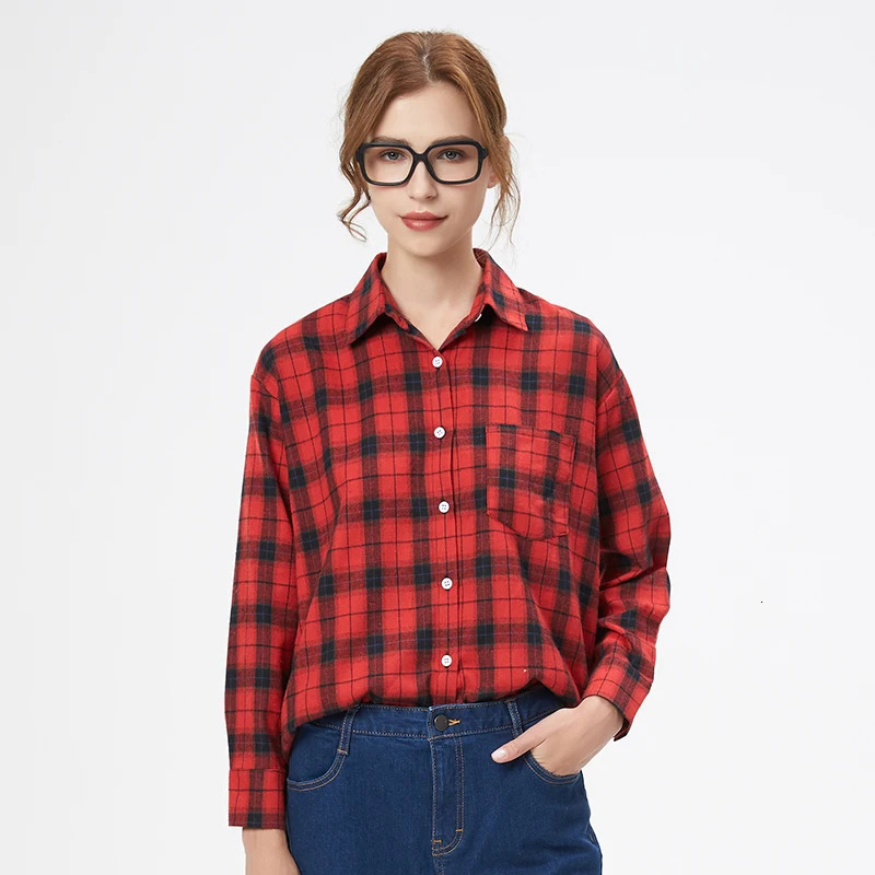 Fresh Flannel Plaid Shirt Women Female Blouses and Tops Cotton Loose Long Sleeve Casual Shirts Fine Womens Clothes 260306
