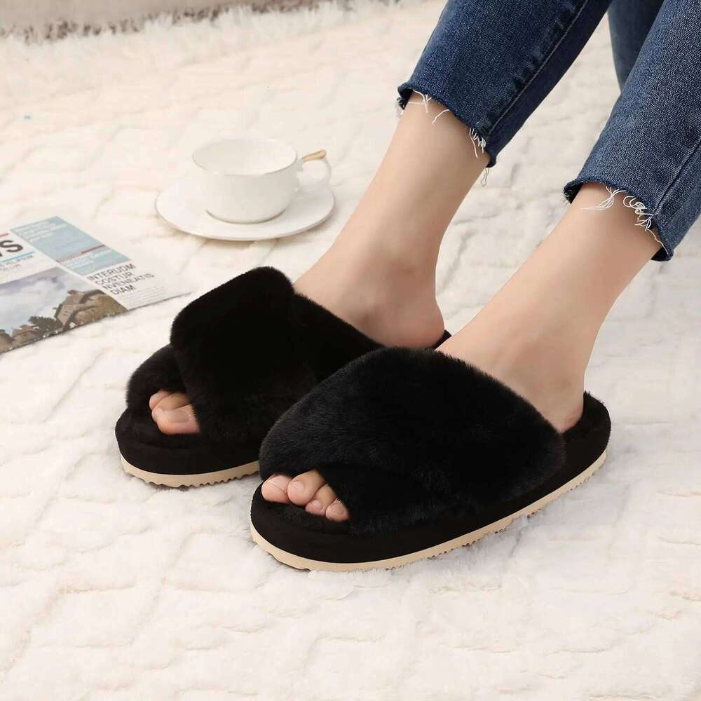 Litfun Winter Fuzzy House For Fluffy Fur Warm Thick Bottom Slides Cross Band Plush Lining Women Slippers