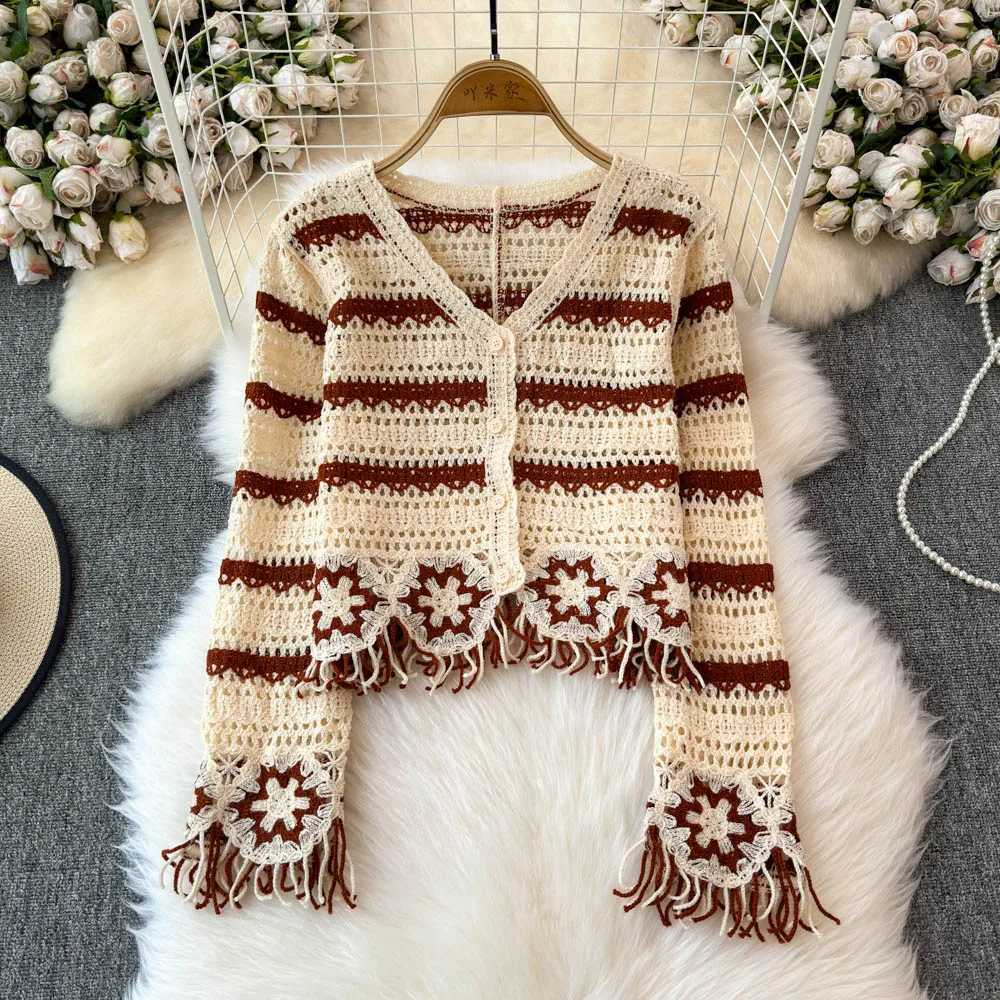 Embroidery Floral Crochet Knit Top with Tassel Long Sleeve Button-down Open-knit Cardigan Sweater Women Teen-girl Cute Outfit M260306