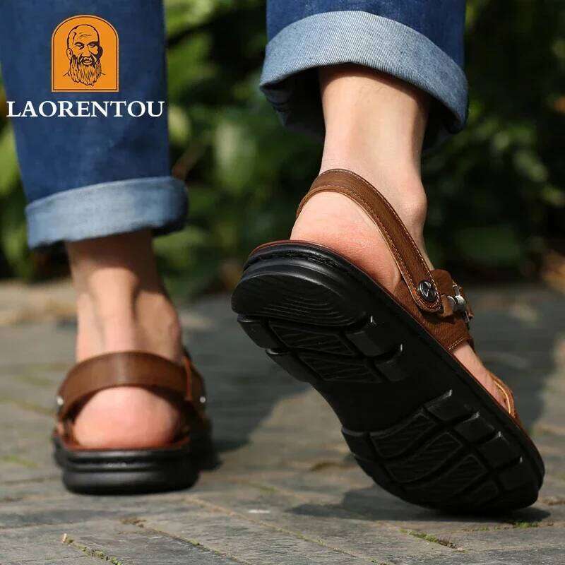 LAORENTOU leather male casual beach shoes wear non-slip sandals and sliers cowhide