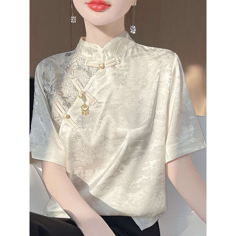 Spring Women Fashion Short Sleeve Shirt Retro Lady Leisure Cardigan Satin Outwear 2025 Femme Stand-up Collar Jacquard T-shirt Embroidery Jacquard Qipa