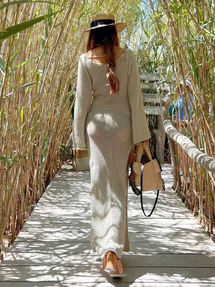 Solid Colour Beach Maxi Dress 2026 Women Summer Sexy Knit Flared Long Sleeve Slit Cut Out Swimsuit Cover Up Holiday Outfits K120 260228