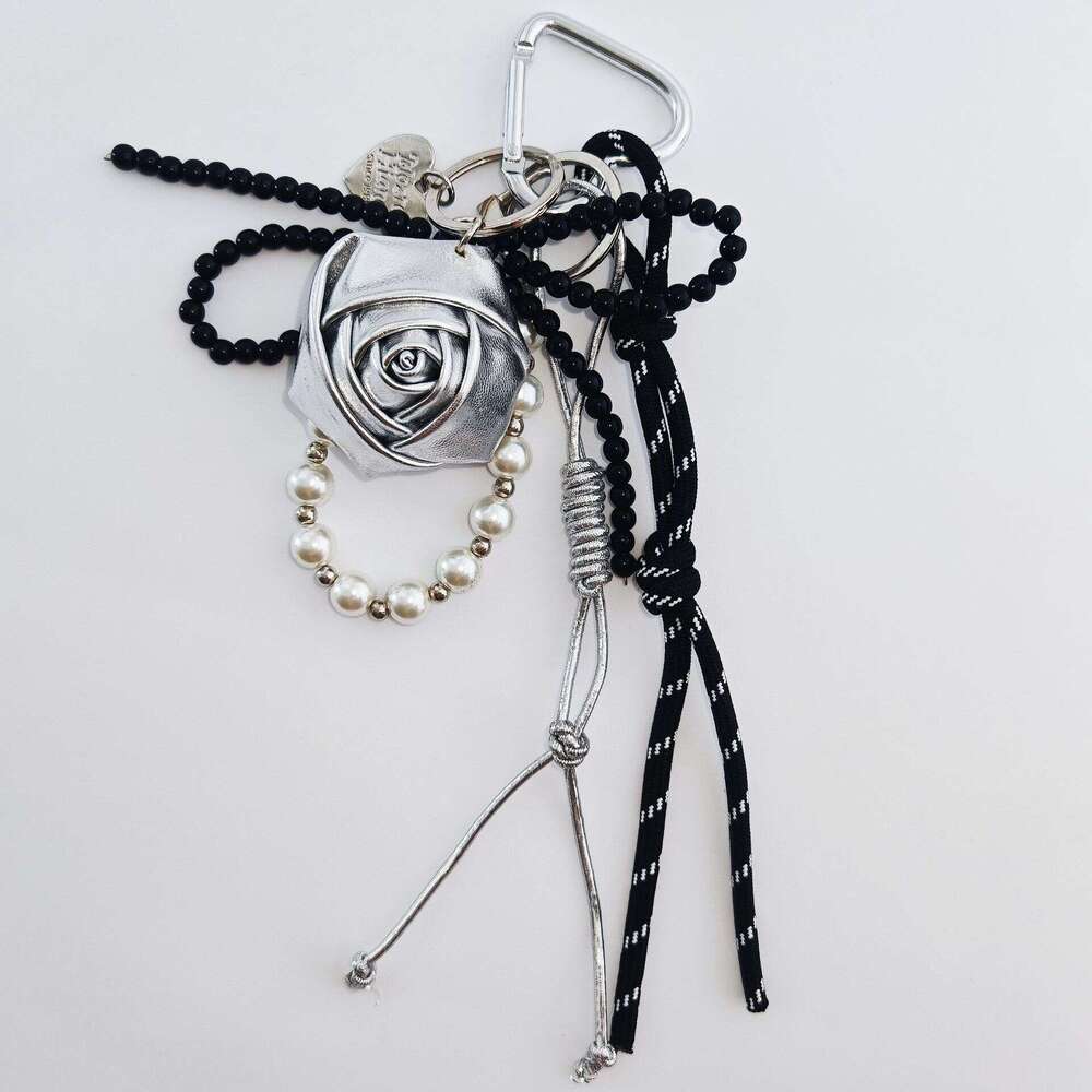 luxury-style bag hanging woven rope ins-style leather DIY keychain rose bow pearl chain pendant