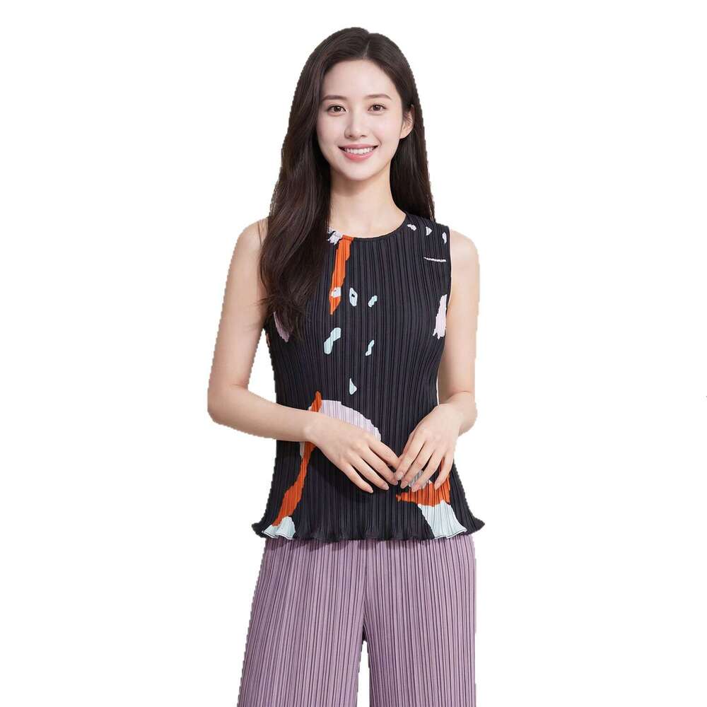 Miyake's high-end sleeveless for women, new summer style, Designer round neck, waist-cinching, slimming, printed pleated tank top T-shirt