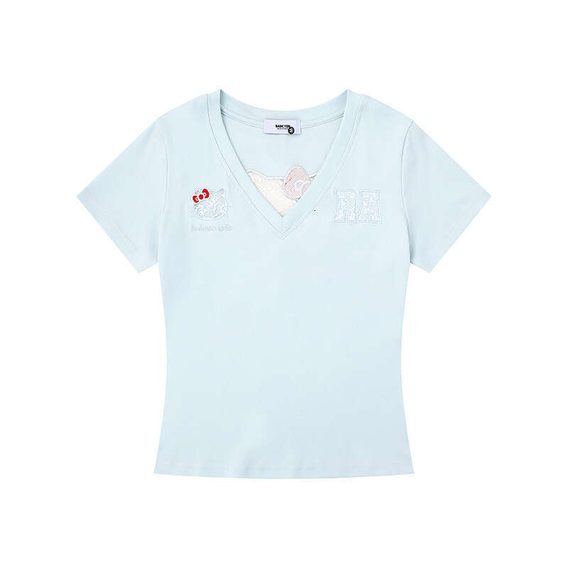 Sweet Cute Cat Hollow Short Sleeve V-neck T-shirt Women's Slim Fit Pure Cotton Style Summer Fashion Top Y2K cartoon embroidery
