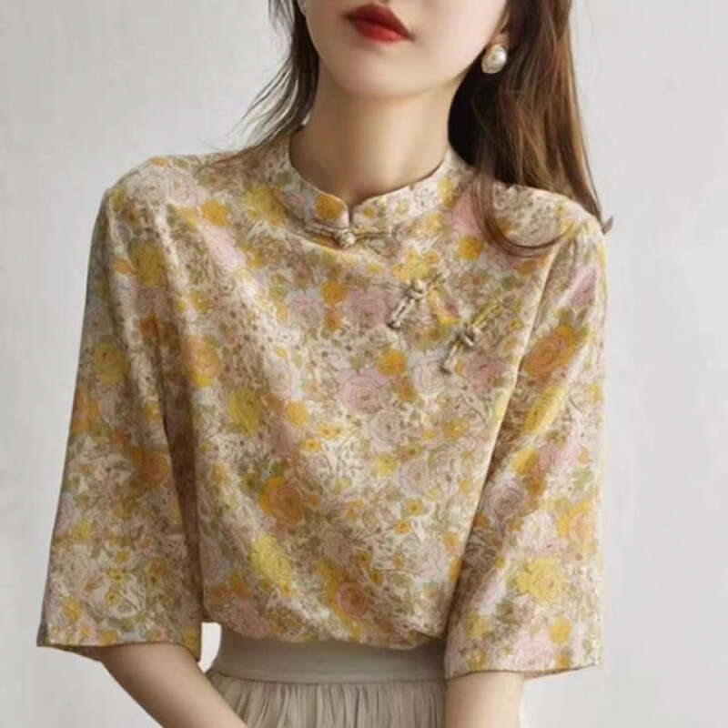 Hot Chinese Style Chi-pao Collar Design Button Tops 2024 Summer Women Date Girls Yellow Floral Print Retro Shirt Blouse Vintage