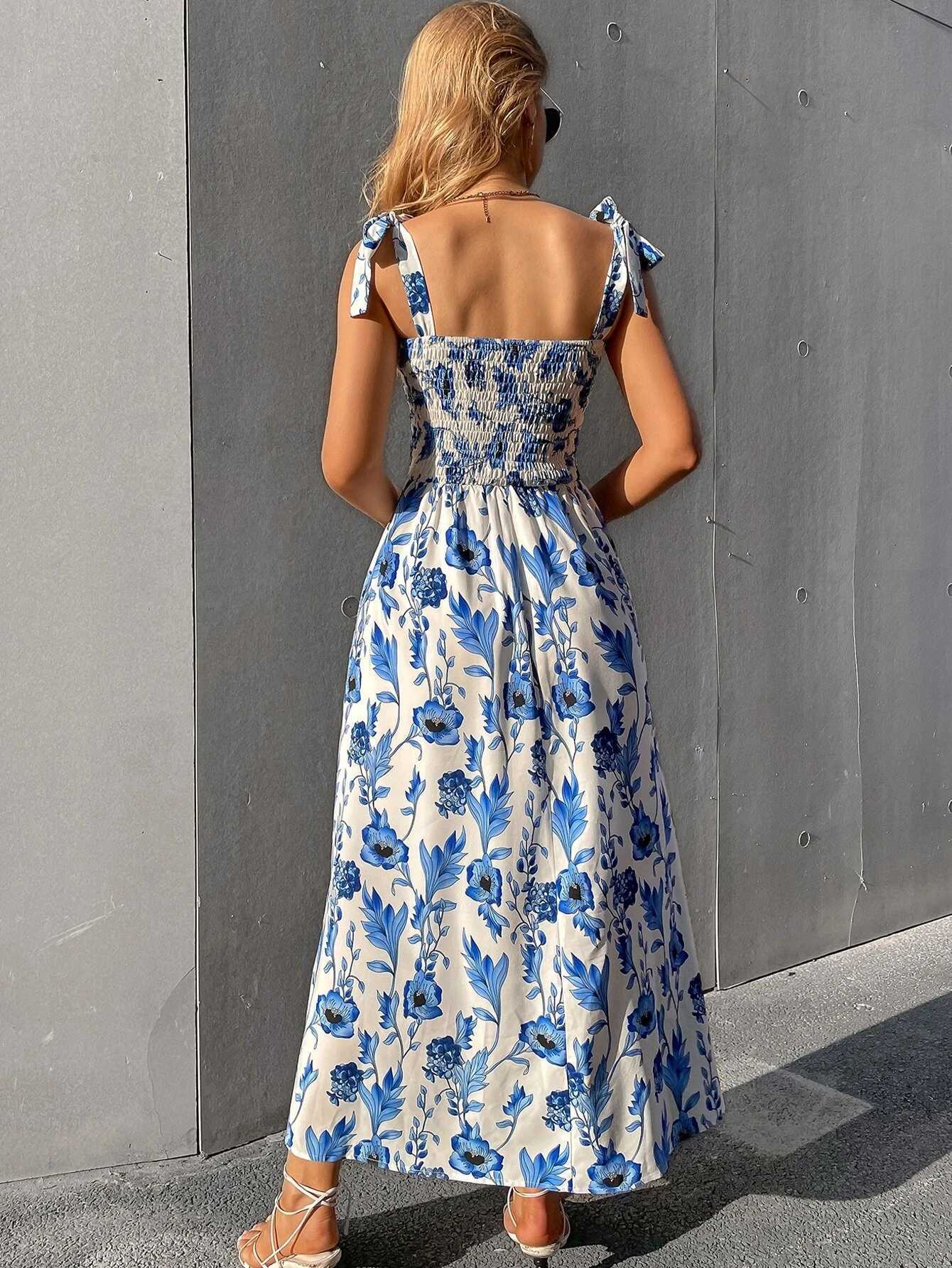 Elegant RomanceFloral Corset Dress with Knotted Straps Smocked Bodice Bodycon Party Guest Dress for Wedding Date Night X260306