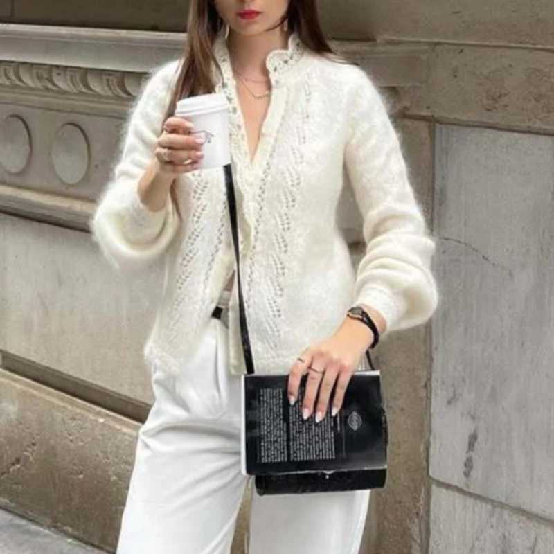 Womens White Cardigan Fashion Hollow Lace Patchwork Loose Sweaters Elegant New Office Basic Autumn Female Cardigan M260306