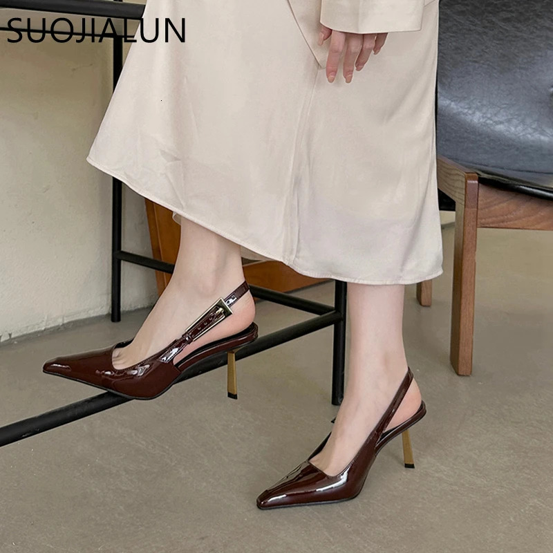 SUOJIALUN Spring Band Women Pumps Shoes Fashion Shallow Slip On Slingback Sandals Thin High Heel Dress Sexy Pumps Shoes 260306