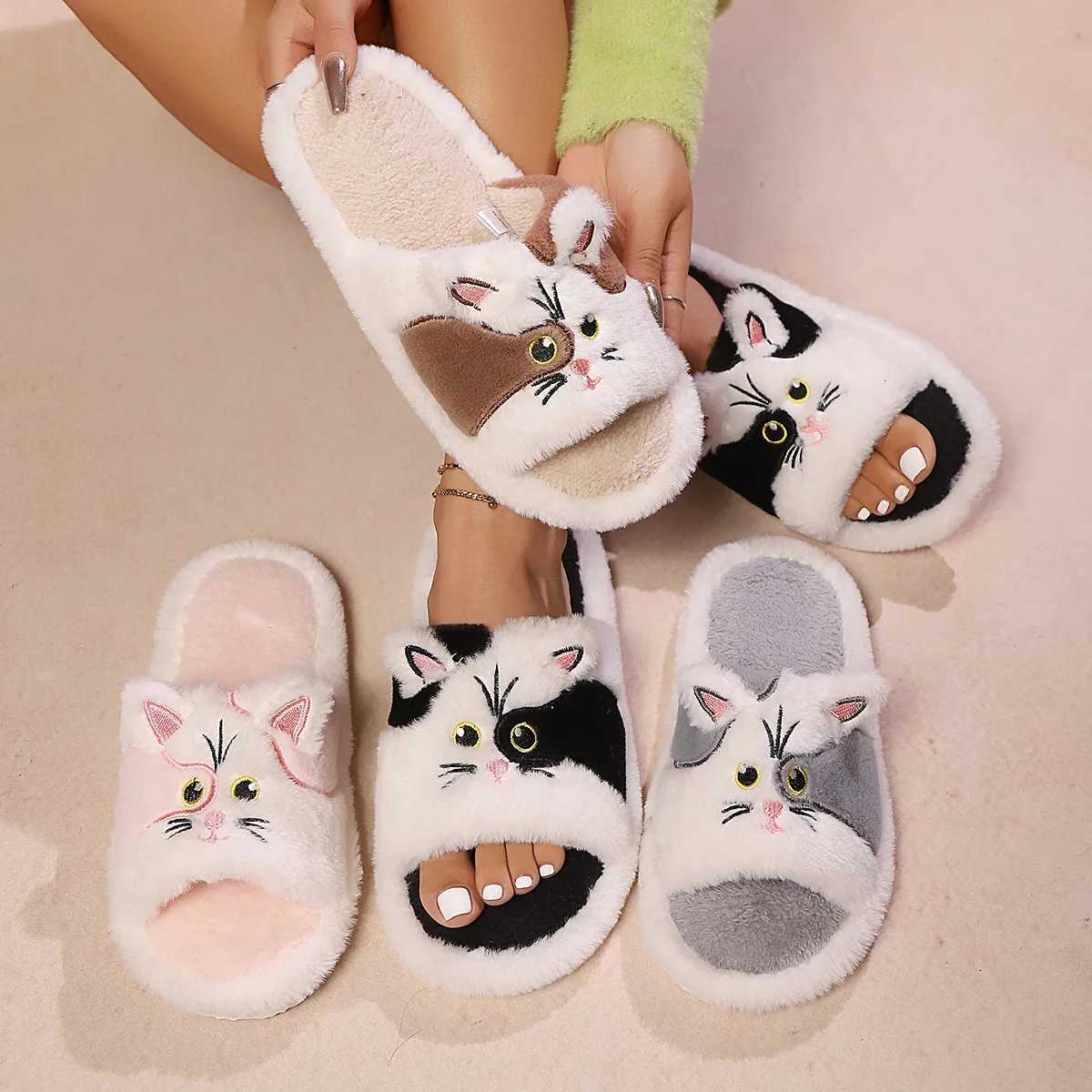 Women Indoor Fluffy Slippers Warm Faux Fur Open Toe Home Floor Shoes Cute Cat Style Plus Size Couples House Floor Slides S260305