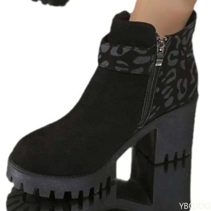 2026 Large Spring and Autumn Fashion New High Heels Thick Bottom Short Leopard Pattern Side Zipper Women's Boots