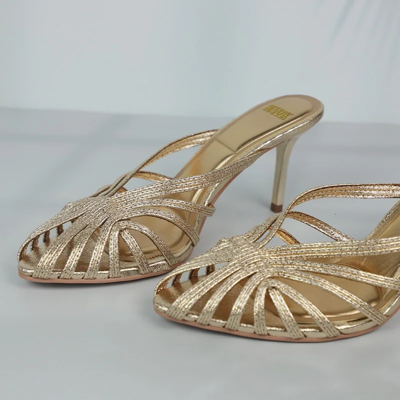 Gold Hollow Thin Strip Heels for Women Pointed Toe Heeled Pumps Office Lady Mules Summer Stiletto Shoe Sandals 260306